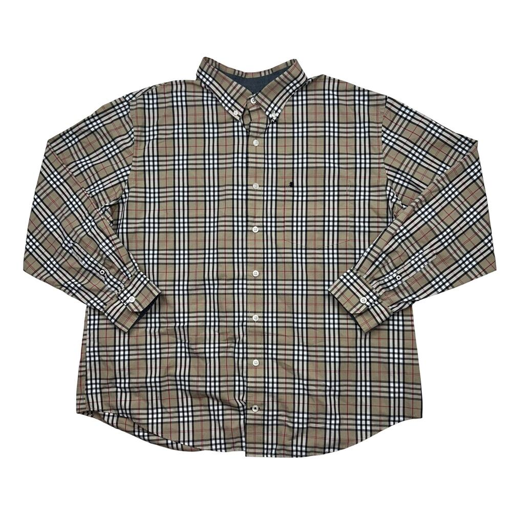 IZOD Plaid Button Down Shirt Mens 2XL Tan Black Red Long Sleeve Check